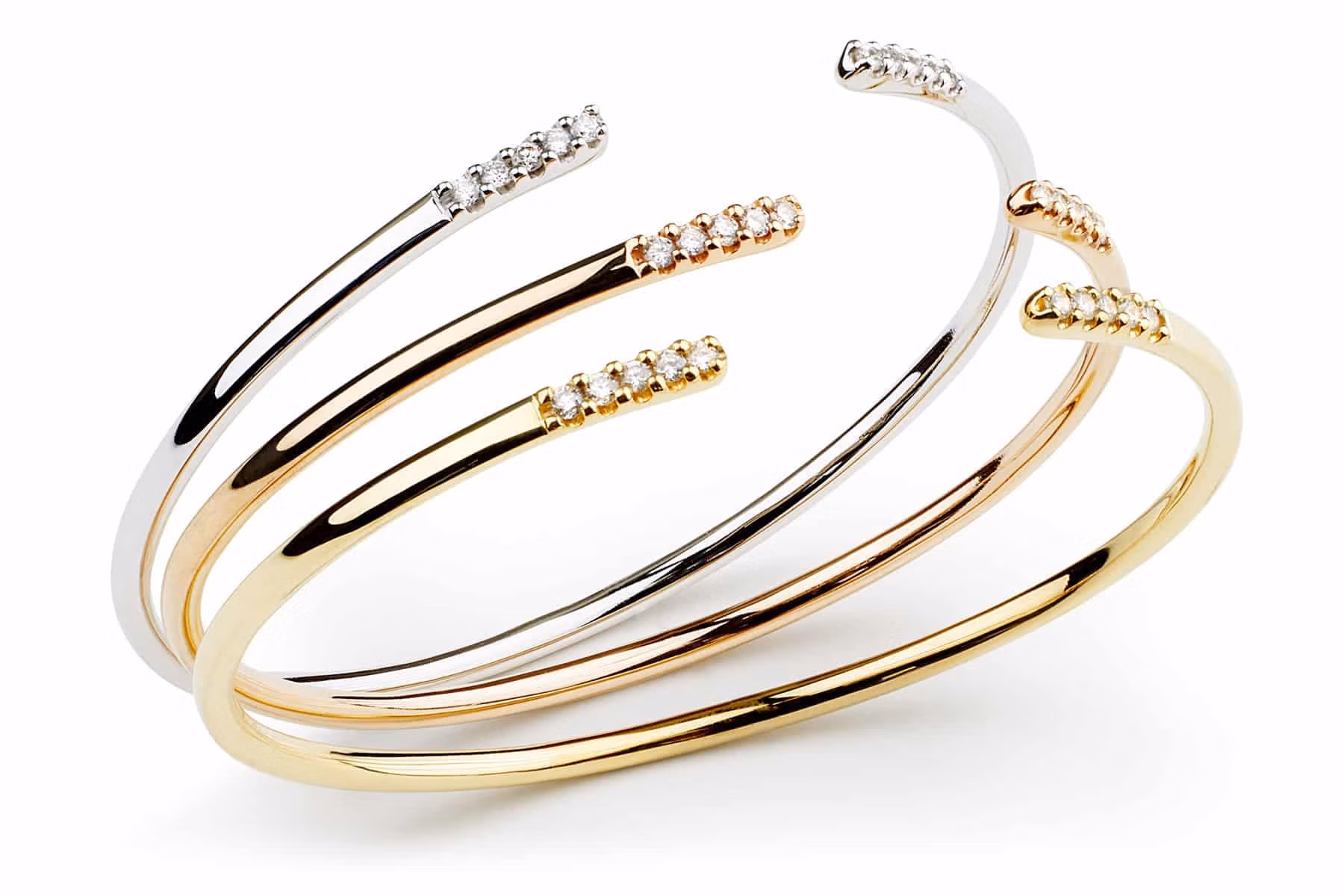 Packshot joaillerie, bracelets joncs or jaune, or rose, or blanc, diamants