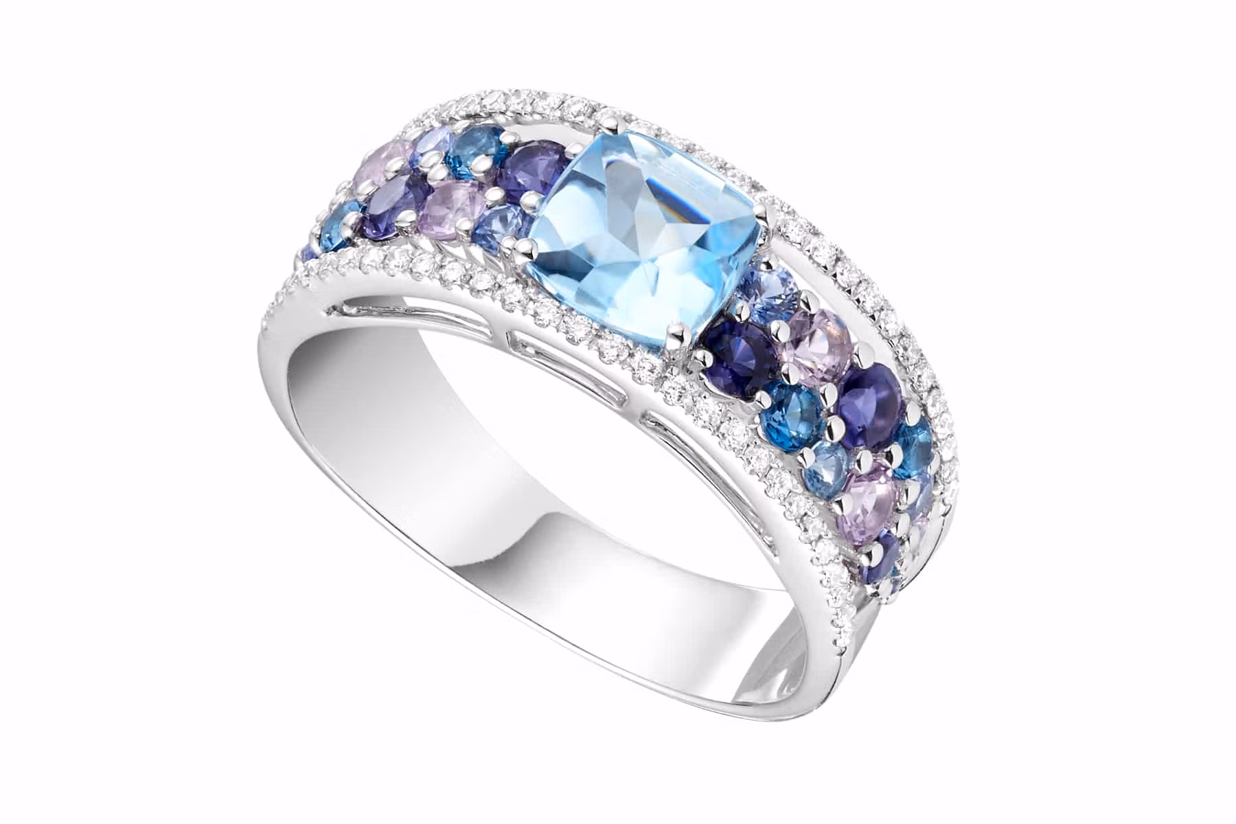 Packshot joaillerie anneau or blanc et topaze bleue