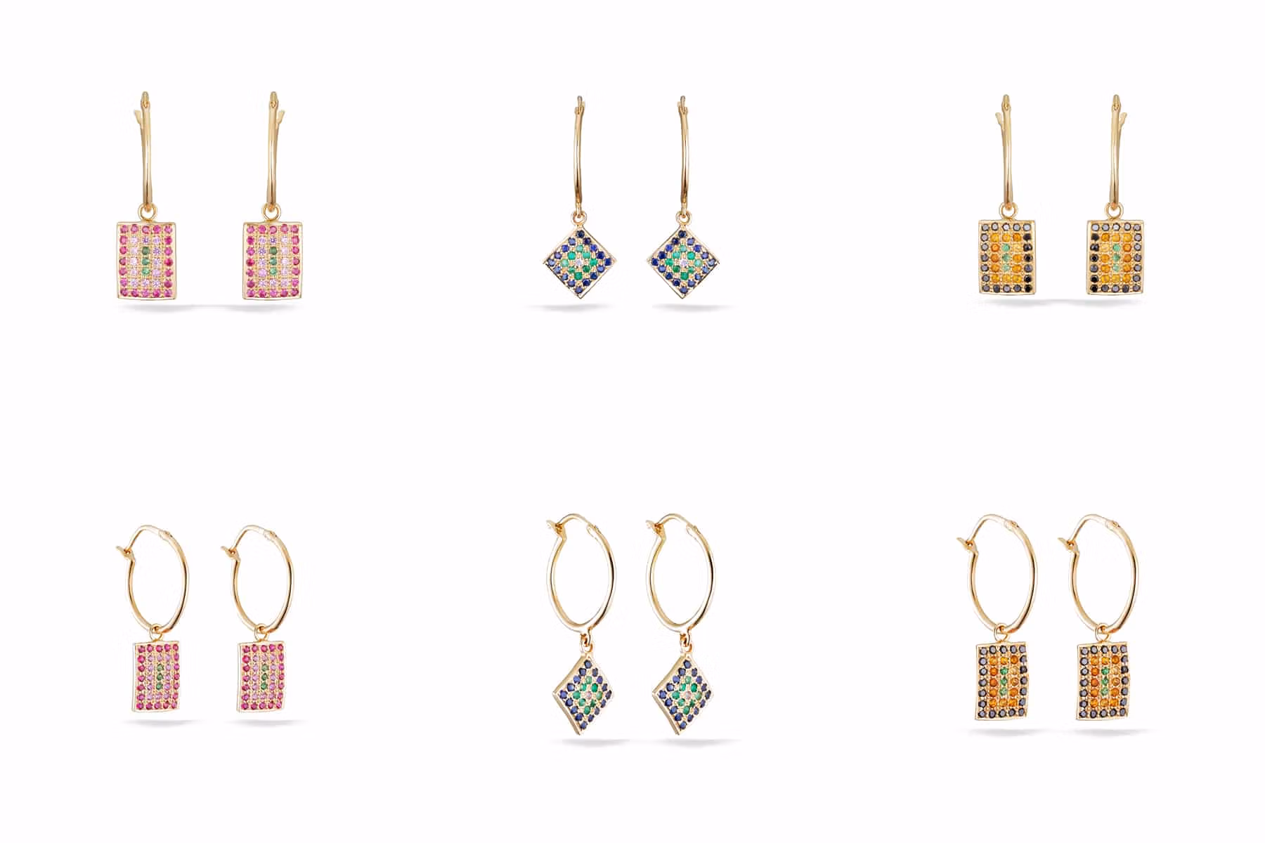Packshot joaillerie, boucles d'oreilles or jaune - rubis, saphir, émeraude