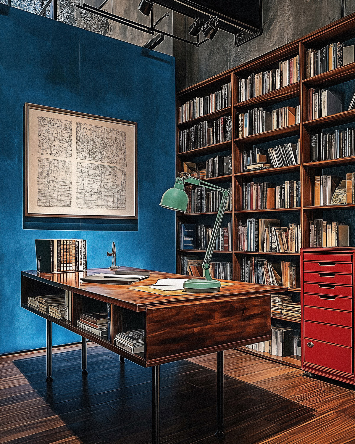 bureau-bibliotheque-mur-bleu-klein-meuble-rouge-cardinal-tendances-2026 Bureau bibliothèque avec mur bleu électrique, mobilier rouge cardinal et lampe verte dans espace de travail sophistiqué