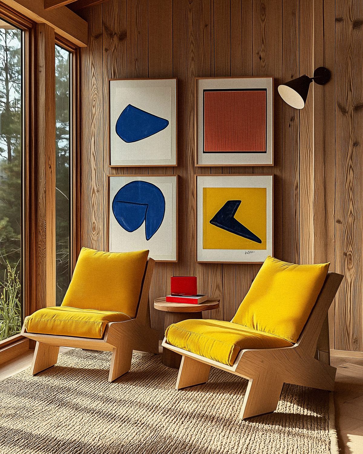 fauteuils-ambre-solaire-art-geometrique-couleurs-2026-bois-naturel Deux fauteuils velours ambre solaire dans salon bois naturel avec œuvres art géométrique bleu rouge jaune