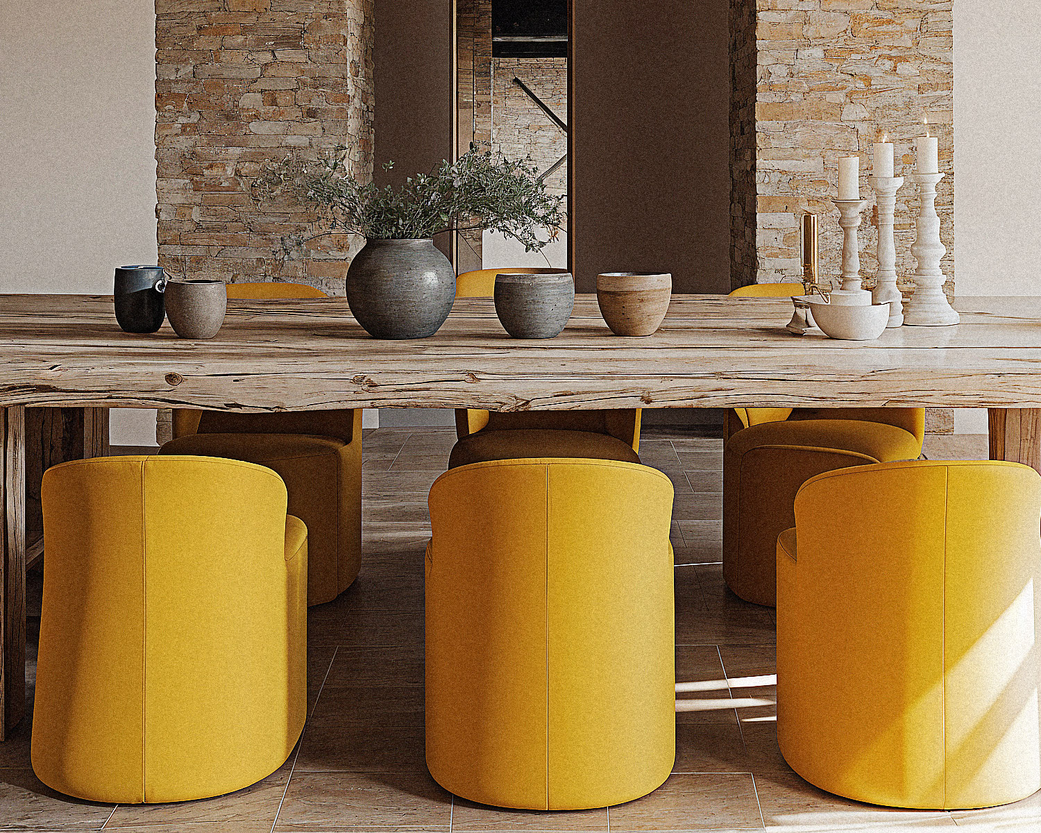 salle-manger-chaises-ambre-solaire-velours-architecture-mediterraneenne-2026-2 Salle à manger avec chaises velours ambre solaire autour table bois brut dans architecture méditerranéenne contemporaine