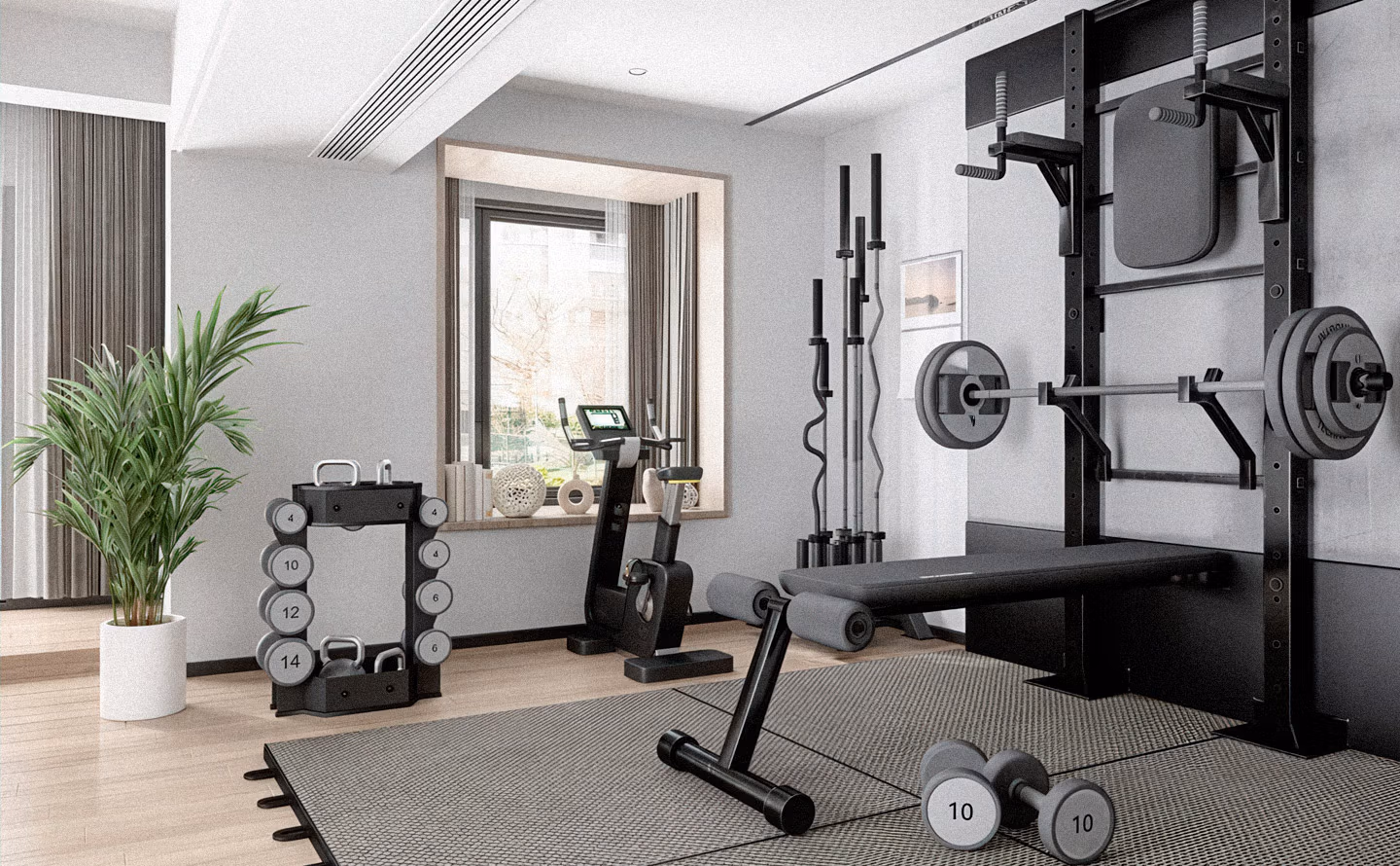 Salle de sport domestique équipée banc développé couché métal, rack squat, haltères rangés, miroir mural grand format, lumière naturelle fenêtre, murs gris clair, sol tapis caoutchouc noir, ambiance professionnelle épurée Salle de sport domestique équipée banc développé couché métal, rack squat, haltères rangés, miroir mural grand format, lumière naturelle fenêtre, murs gris clair, sol tapis caoutchouc noir, ambiance professionnelle épurée