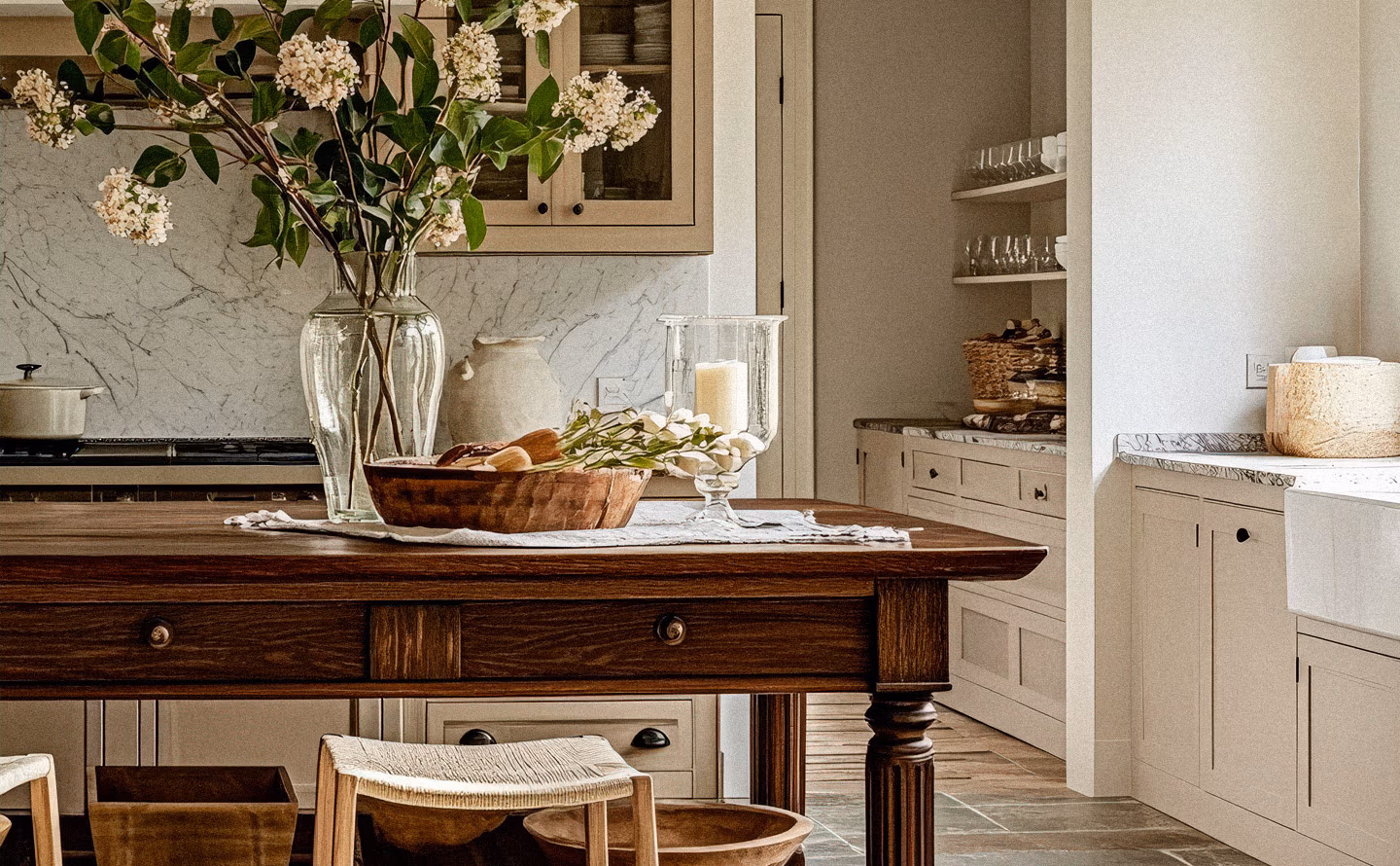 Cuisine au style campagne chic avec îlot central en bois ancien patiné contrastant avec meubles beiges clairs, plan de travail en marbre et composition florale dans grand vase en verre transparent Cuisine au style campagne chic avec îlot central en bois ancien patiné contrastant avec meubles beiges clairs, plan de travail en marbre et composition florale dans grand vase en verre transparent