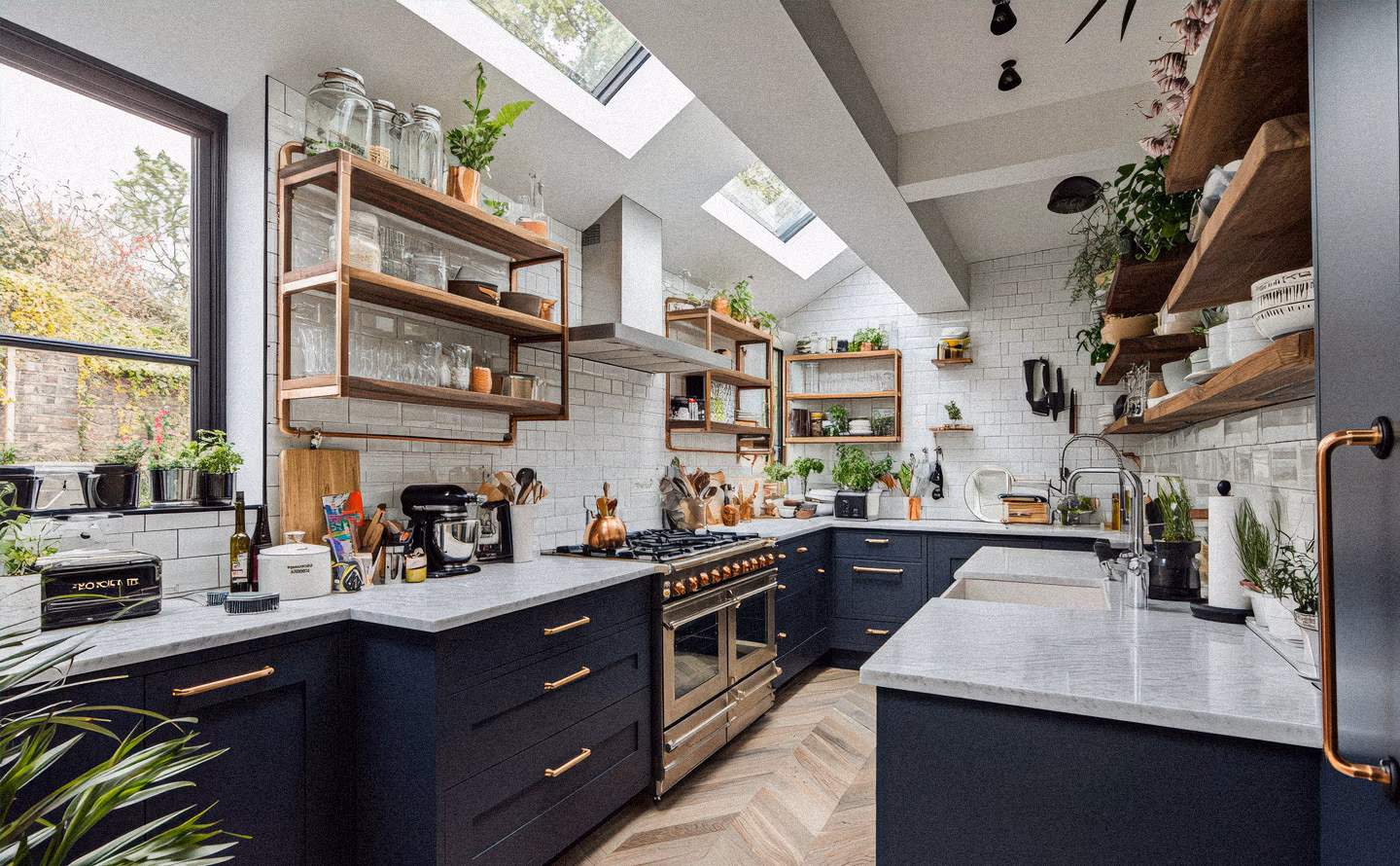 Cuisine contemporaine aux meubles bas anthracite avec poignées cuivre, plans de travail en pierre claire, étagères ouvertes en bois sur murs carrelés blancs et verrières de toit apportant lumière naturelle abondante Cuisine contemporaine aux meubles bas anthracite avec poignées cuivre, plans de travail en pierre claire, étagères ouvertes en bois sur murs carrelés blancs et verrières de toit apportant lumière naturelle abondante