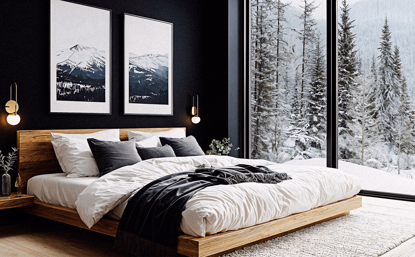 Chambre contemporaine aux murs noirs profonds avec lit plateforme bois clair, literie blanche et noire graphique, œuvres d'art montagnardes monochrome encadrées et immense baie vitrée panoramique sur forêt de conifères enneigée illustrant la continuité chromatique entre décor intérieur et paysage hivernal Chambre contemporaine aux murs noirs profonds avec lit plateforme bois clair, literie blanche et noire graphique, œuvres d'art montagnardes monochrome encadrées et immense baie vitrée panoramique sur forêt de conifères enneigée illustrant la continuité chromatique entre décor intérieur et paysage hivernal