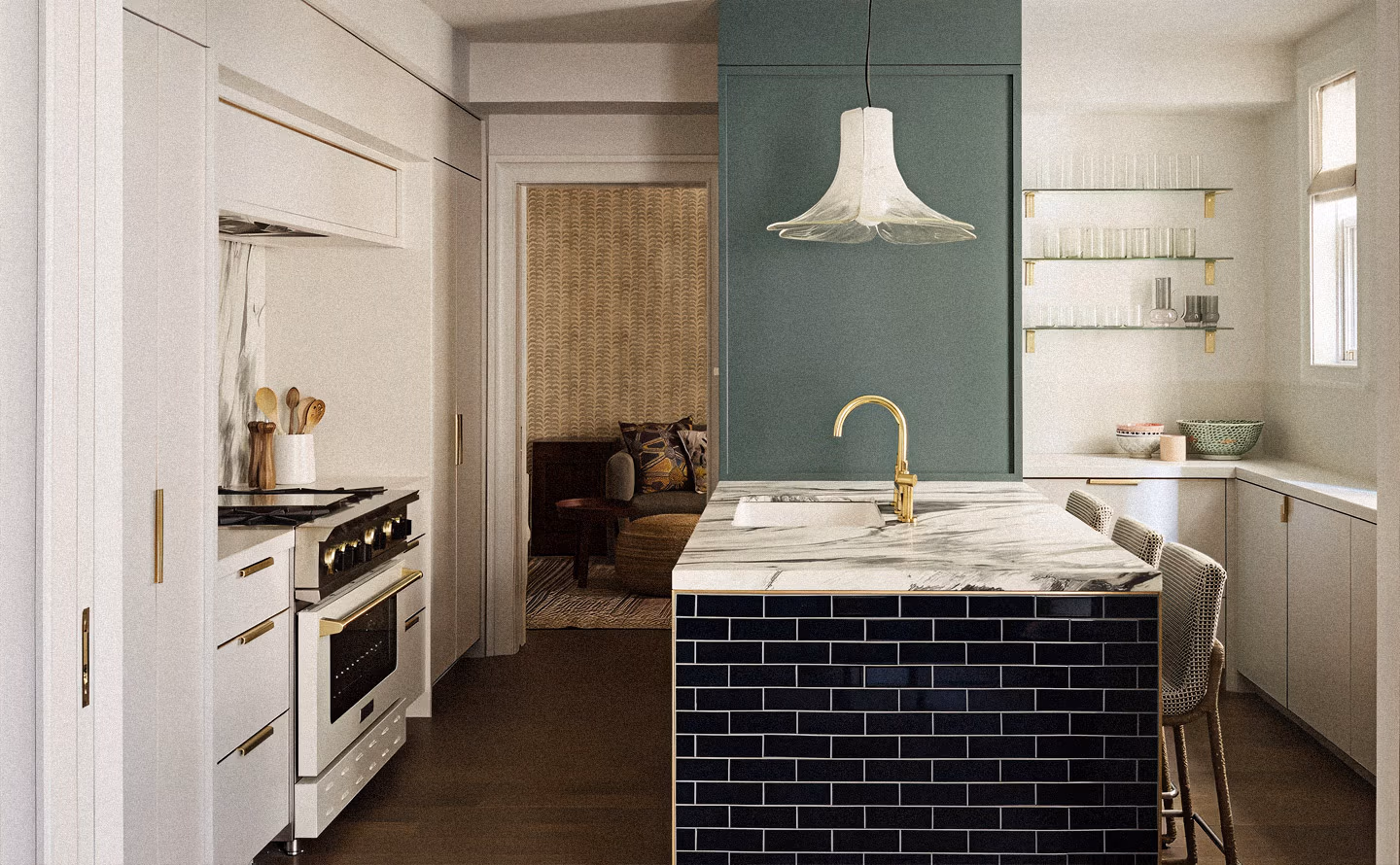 Cuisine contemporaine sophistiquée avec îlot central habillé de carrelage métro noir brillant à joints blancs contrastés, plan de travail marbre blanc veiné spectaculaire, robinetterie dorée, meubles blancs poignées laiton, mur accent vert émeraude profond, suspension blanche organique et étagères laiton ouvertes illustrant la réinterprétation audacieuse des carrelages classiques et l'association marbre précieux Cuisine contemporaine sophistiquée avec îlot central habillé de carrelage métro noir brillant à joints blancs contrastés, plan de travail marbre blanc veiné spectaculaire, robinetterie dorée, meubles blancs poignées laiton, mur accent vert émeraude profond, suspension blanche organique et étagères laiton ouvertes illustrant la réinterprétation audacieuse des carrelages classiques et l'association marbre précieux