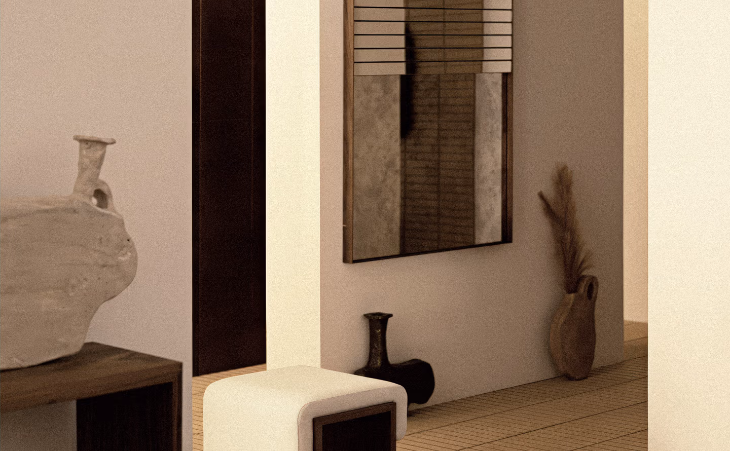 Espace zen minimaliste aux murs beige clair avec miroir encadré de lattes horizontales évoquant un shoji japonais, banc bois bas, vases en céramique organique beige et noir, sol en tatami créant une atmosphère contemplative épurée où le miroir génère l'illusion d'une fenêtre coulissante. Espace zen minimaliste aux murs beige clair avec miroir encadré de lattes horizontales évoquant un shoji japonais, banc bois bas, vases en céramique organique beige et noir, sol en tatami créant une atmosphère contemplative épurée où le miroir génère l'illusion d'une fenêtre coulissante.