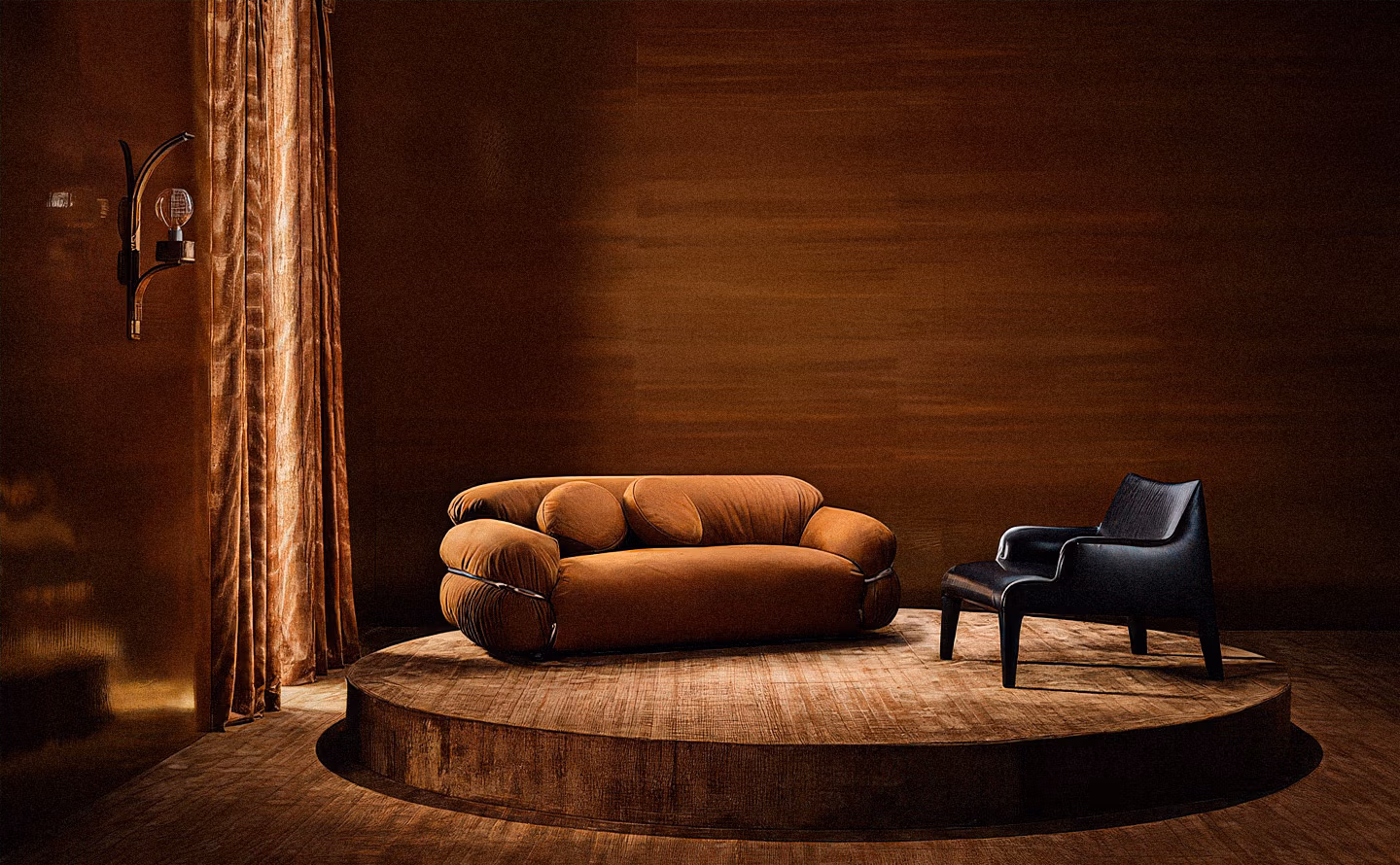 Salon théâtral aux murs chocolat mat profond avec canapé velours terracotta aux coussins ronds boudinés style années 70, fauteuil noir en cuir, estrade circulaire en bois brut massif, rideaux velours bronze cuivré, applique murale art déco dorée et lumière rasante dramatique créant une atmosphère intimiste sophistiquée digne d'un salon privé années 70. Salon théâtral aux murs chocolat mat profond avec canapé velours terracotta aux coussins ronds boudinés style années 70, fauteuil noir en cuir, estrade circulaire en bois brut massif, rideaux velours bronze cuivré, applique murale art déco dorée et lumière rasante dramatique créant une atmosphère intimiste sophistiquée digne d'un salon privé années 70.