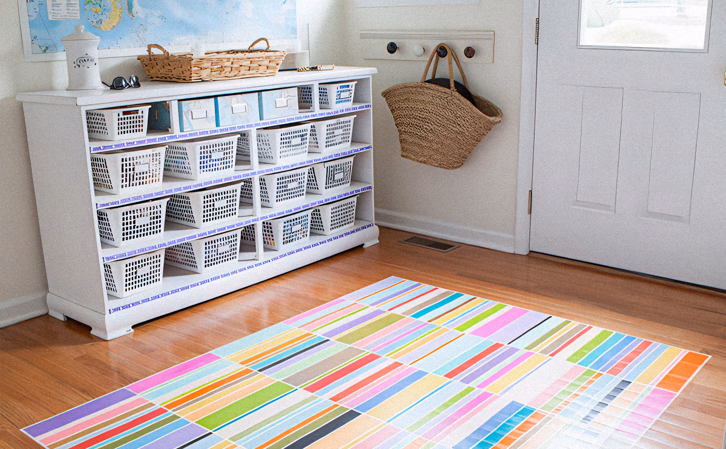 Espace buanderie organisé avec meuble blanc à casiers rempli de paniers plastique blancs à motifs noirs géométriques, tapis rayé multicolore aux bandes vives rose fuchsia orange turquoise vert anis rouge, lambris blancs, carte marine murale, paniers osier posés dessus et sac plage suspendu au mur illustrant comment un élément graphique audacieux transforme un espace utilitaire en zone joyeuse. Espace buanderie organisé avec meuble blanc à casiers rempli de paniers plastique blancs à motifs noirs géométriques, tapis rayé multicolore aux bandes vives rose fuchsia orange turquoise vert anis rouge, lambris blancs, carte marine murale, paniers osier posés dessus et sac plage suspendu au mur illustrant comment un élément graphique audacieux transforme un espace utilitaire en zone joyeuse.