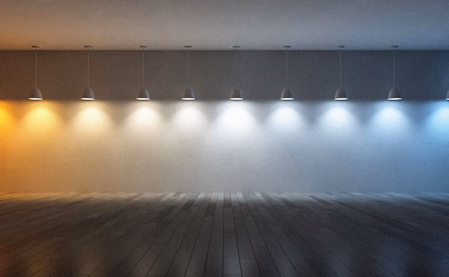 Démonstration visuelle d'éclairage intelligent circadien avec huit suspensions minimalistes grises identiques alignées diffusant un dégradé progressif de températures de couleur sur mur béton gris : lumière jaune orangée chaude à gauche évoluant vers blanc neutre au centre puis bleu froid à droite, sol bois foncé, illustrant comment la technologie d'éclairage modulable ajuste automatiquement ambiance lumineuse selon l'heure et les besoins biologiques tout en offrant flexibilité décorative totale. Démonstration visuelle d'éclairage intelligent circadien avec huit suspensions minimalistes grises identiques alignées diffusant un dégradé progressif de températures de couleur sur mur béton gris : lumière jaune orangée chaude à gauche évoluant vers blanc neutre au centre puis bleu froid à droite, sol bois foncé, illustrant comment la technologie d'éclairage modulable ajuste automatiquement ambiance lumineuse selon l'heure et les besoins biologiques tout en offrant flexibilité décorative totale.