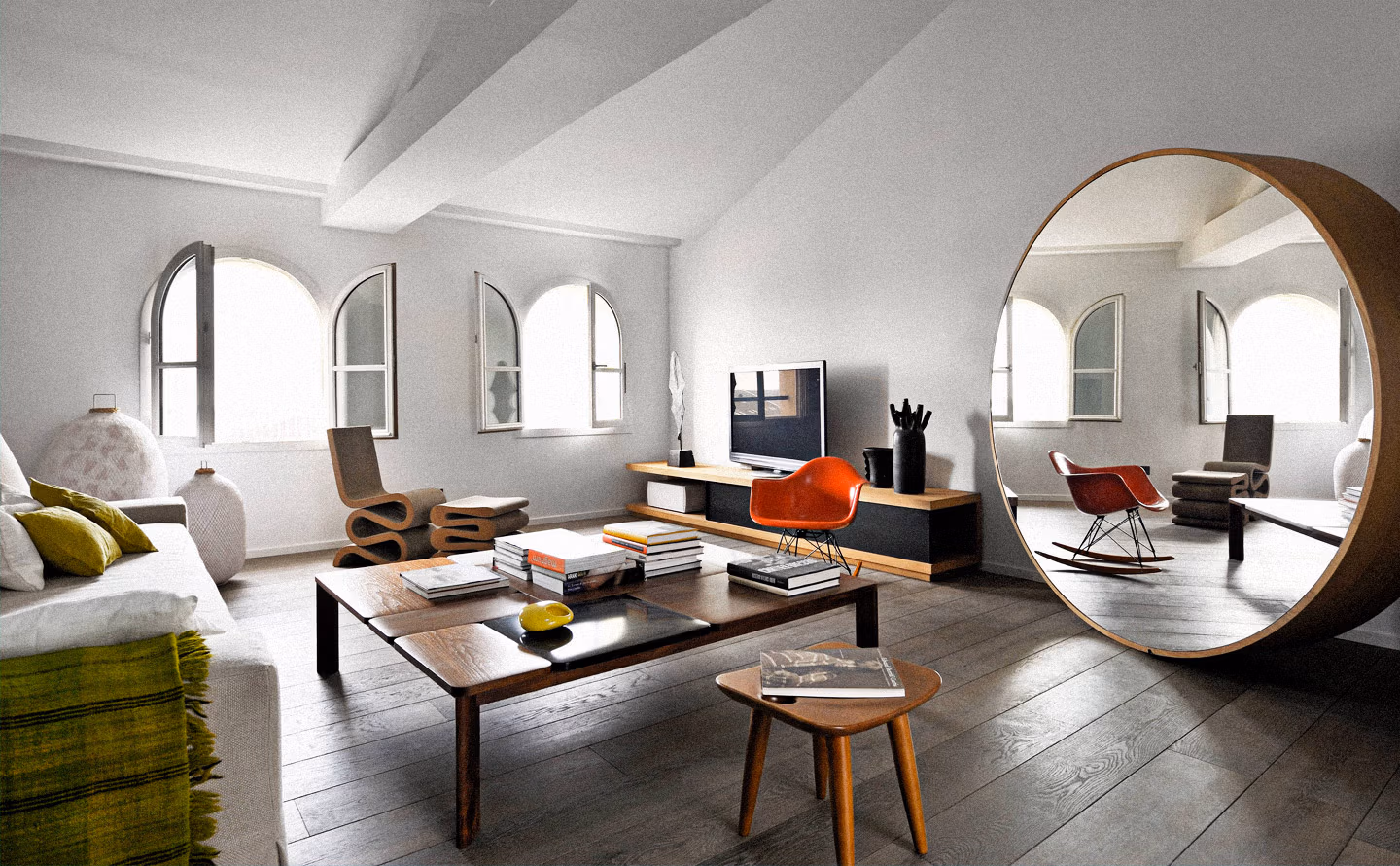 Salon lumineux aux fenêtres cintrées multiples avec miroir rond monumental en noyer occupant une surface visuelle considérable face au canapé blanc et plaid vert olive, chaise Wiggle sculptural, rocking chair Eames orange terracotta, parquet bois foncé, table basse empilée de livres illustrant qu'un élément de grande surface comme un miroir géant génère une transformation spectaculaire instantanée bien supérieure à l'accumulation de petits changements cosmétiques. Salon lumineux aux fenêtres cintrées multiples avec miroir rond monumental en noyer occupant une surface visuelle considérable face au canapé blanc et plaid vert olive, chaise Wiggle sculptural, rocking chair Eames orange terracotta, parquet bois foncé, table basse empilée de livres illustrant qu'un élément de grande surface comme un miroir géant génère une transformation spectaculaire instantanée bien supérieure à l'accumulation de petits changements cosmétiques.
