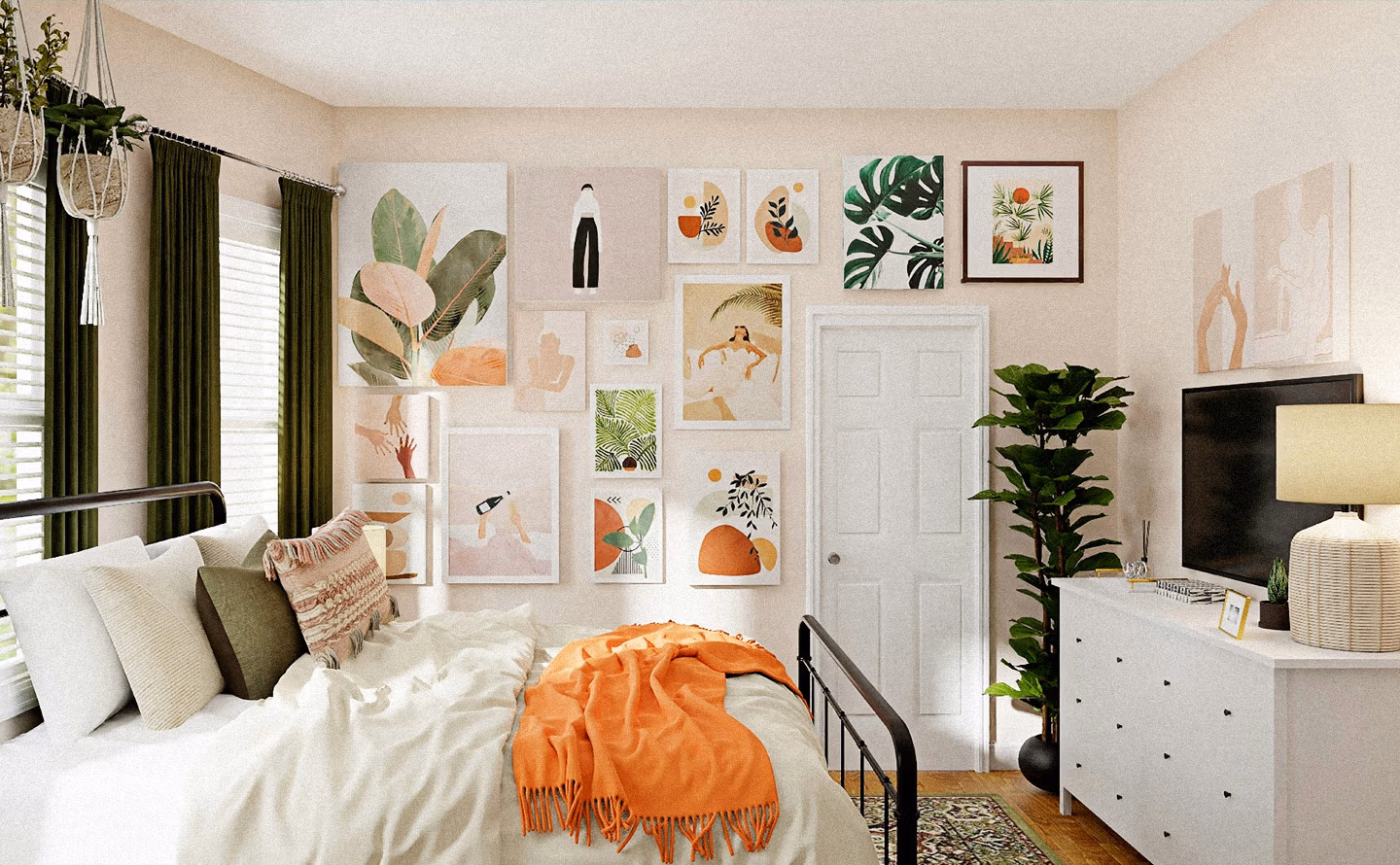 Chambre bohème contemporaine aux murs beige crème avec mur galerie maximaliste composé de multiples prints botaniques et abstraits aux tons terracotta, vert olive et beige, lit linge blanc avec plaid orange à franges, rideaux vert olive foncé, plante suspendue en macramé et figuier lyre luxuriant illustrant que la chambre constitue ce territoire d'expression sans compromis où les préférences esthétiques les plus affirmées se déploient librement sans négociation avec les espaces communs ni concession aux goûts collectifs. Chambre bohème contemporaine aux murs beige crème avec mur galerie maximaliste composé de multiples prints botaniques et abstraits aux tons terracotta, vert olive et beige, lit linge blanc avec plaid orange à franges, rideaux vert olive foncé, plante suspendue en macramé et figuier lyre luxuriant illustrant que la chambre constitue ce territoire d'expression sans compromis où les préférences esthétiques les plus affirmées se déploient librement sans négociation avec les espaces communs ni concession aux goûts collectifs.