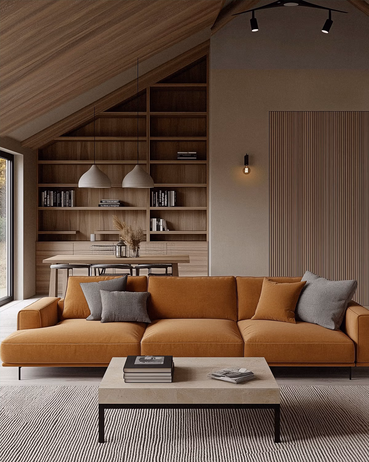 Salon contemporain sous plafond cathédrale en lambris bois naturel avec canapé d'angle généreux en velours cognac, coussins gris anthracite, table basse en pierre beige sur piètement noir, bibliothèque intégrée sur mesure en noyer et panneau de tasseaux verticaux créant une partition graphique