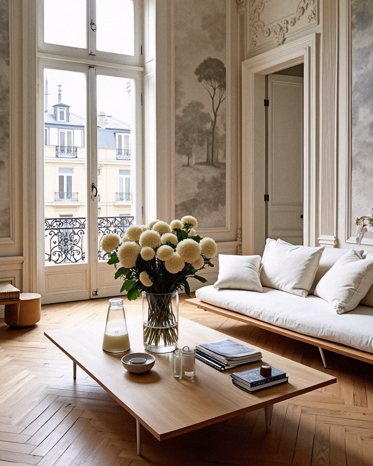 Salon haussmannien parisien avec papier peint panoramique grisaille à motif arboré romantique, moulures blanches sculptées, porte-fenêtre donnant sur balcon en fer forgé, parquet point de Hongrie chêne naturel, canapé bas contemporain en lin blanc cassé, table basse design bois clair minimaliste et bouquet de dahlias pompons crème créant une atmosphère classique chic épurée