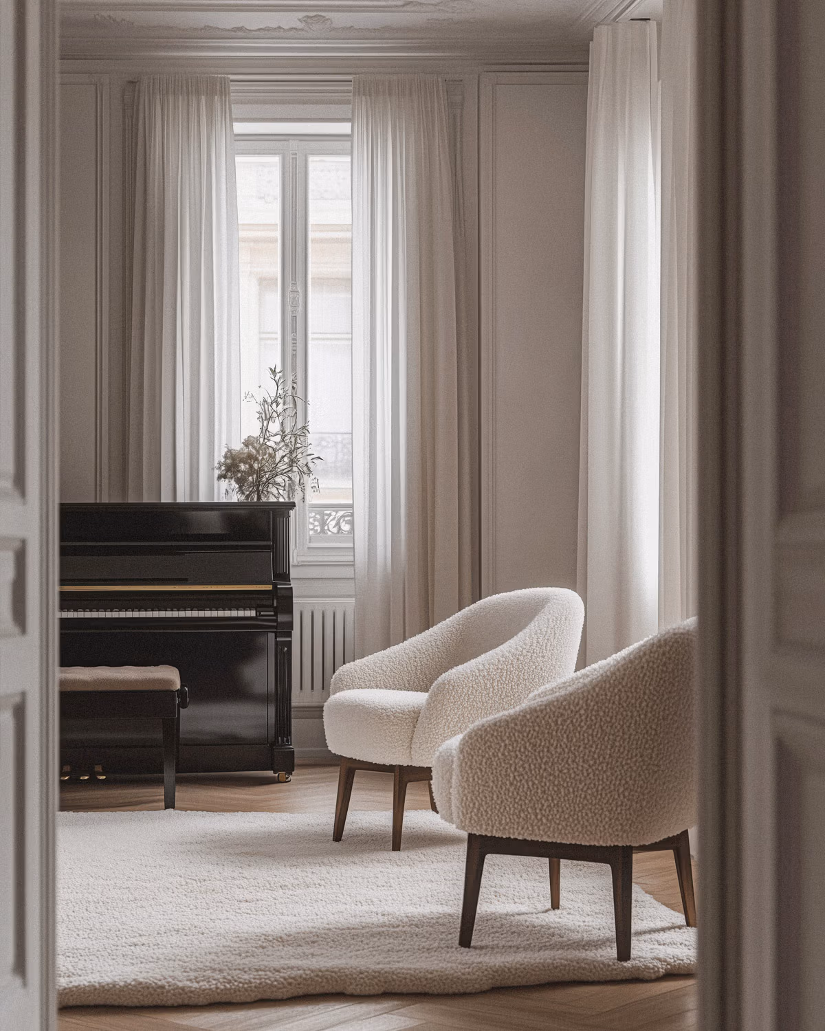 Salon haussmannien aux murs beige taupe avec moulures blanches délicates et corniches sculptées, piano droit noir laqué vintage, paire de fauteuils contemporains en bouclette beige crème à pieds bois foncé, doubles rideaux lin écru naturel, radiateur blanc ancien et parquet chêne clair créant une atmosphère classique chic feutrée raffinée