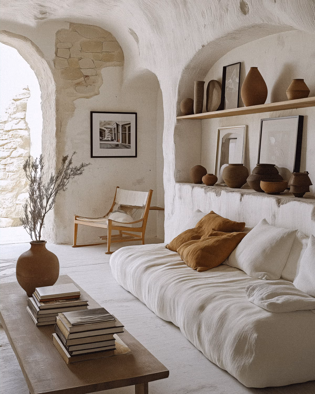 Intérieur méditerranéen aux murs arrondis enduits à la chaux blanche avec canapé en lin froissé naturel garni de coussins ocre, collection de poteries en terre cuite sur étagères encastrées, fauteuil Safari en bois et toile, vase avec branches d'olivier, arche en pierres apparentes et sol blanchi créant un cocon apaisant aux accents côtiers
